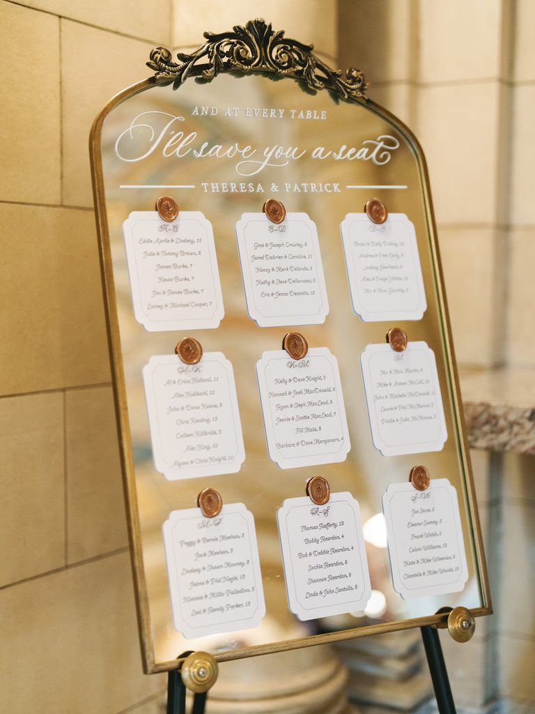 Luxury wedding seating plan design displayed on an ornate vintage easel reflecting the sophisticated indoor venue styling
