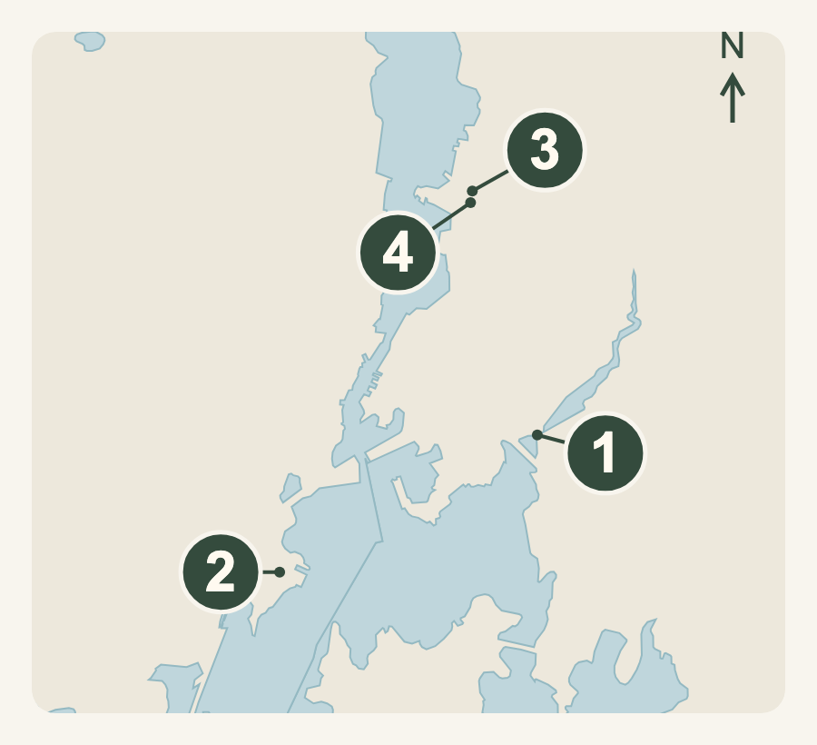 Mystic River and harbor map with numbered address locations for Haley Mansion, Mystic Yachting Club, Delamar Mystic and Mystic Seaport Museum.