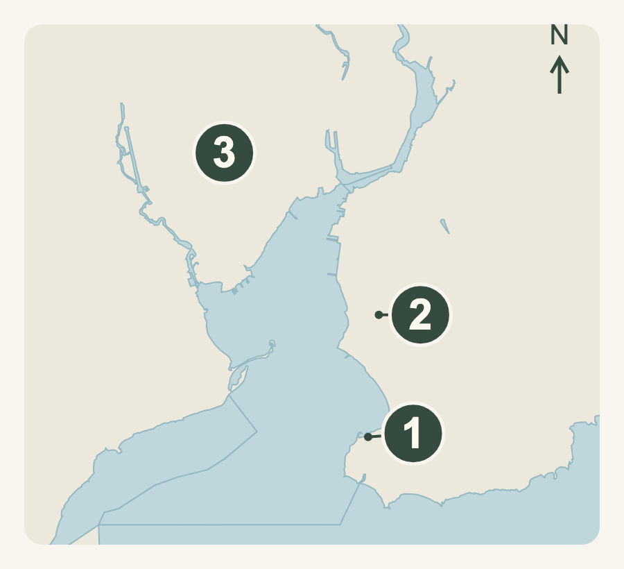 New Haven Harbor shoreline map with numbered locations for Amarante’s Sea Cliff on Cove Street, The Estate on Townsend Avenue and Omni on Temple Street.