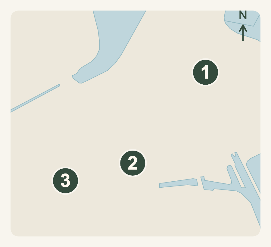 Salem downtown map with numbered locations for Hawthorne Hotel, Old Town Hall at Derby Square and Hamilton Hall on Chestnut Street.