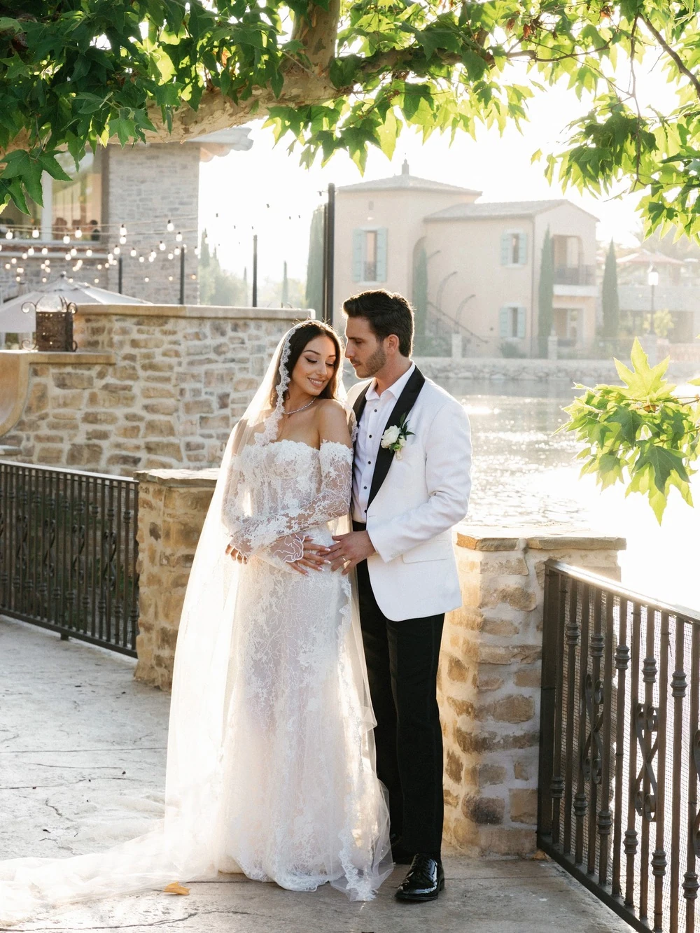 Couple walking together at an elegant destination wedding